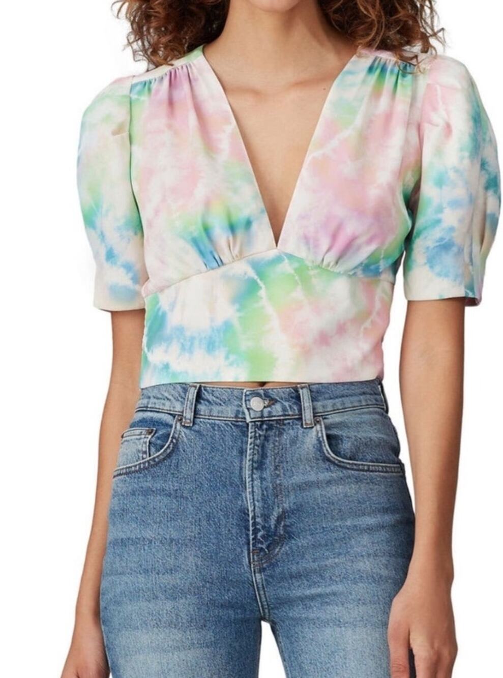 Amanda Uprichard Rosen Pastel Tie Die Deep V Cropped Blouse - S